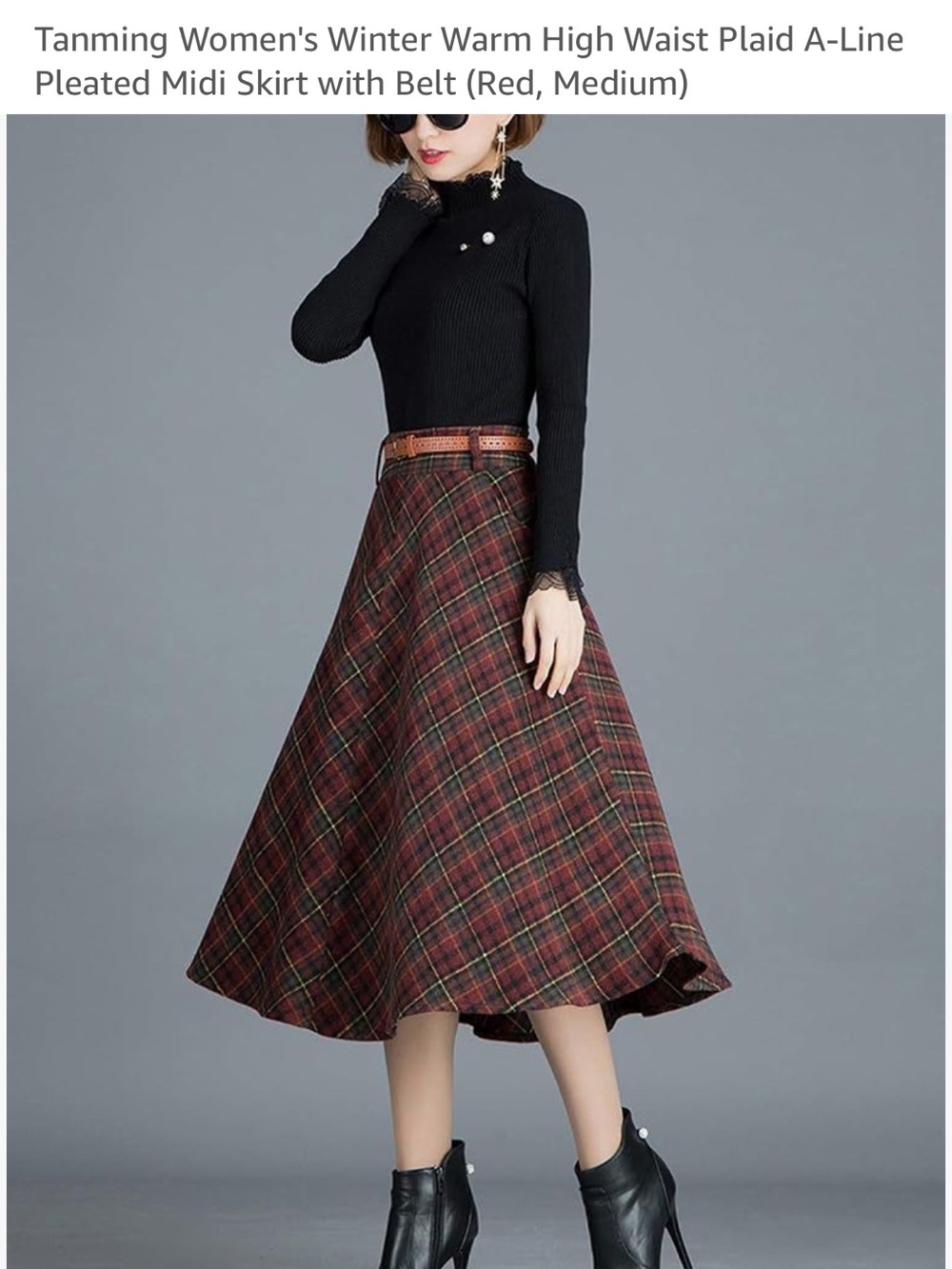 Plaid A-Line Midi Skirt with Belt - Red